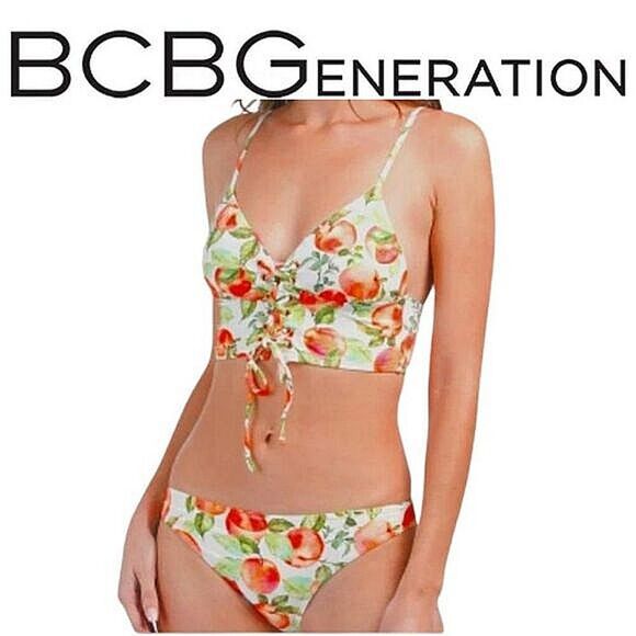 BCBG Generation Women's Peachy Lace Up Top & Ruched Bikini Bottom Size Large - Picture 2 of 16